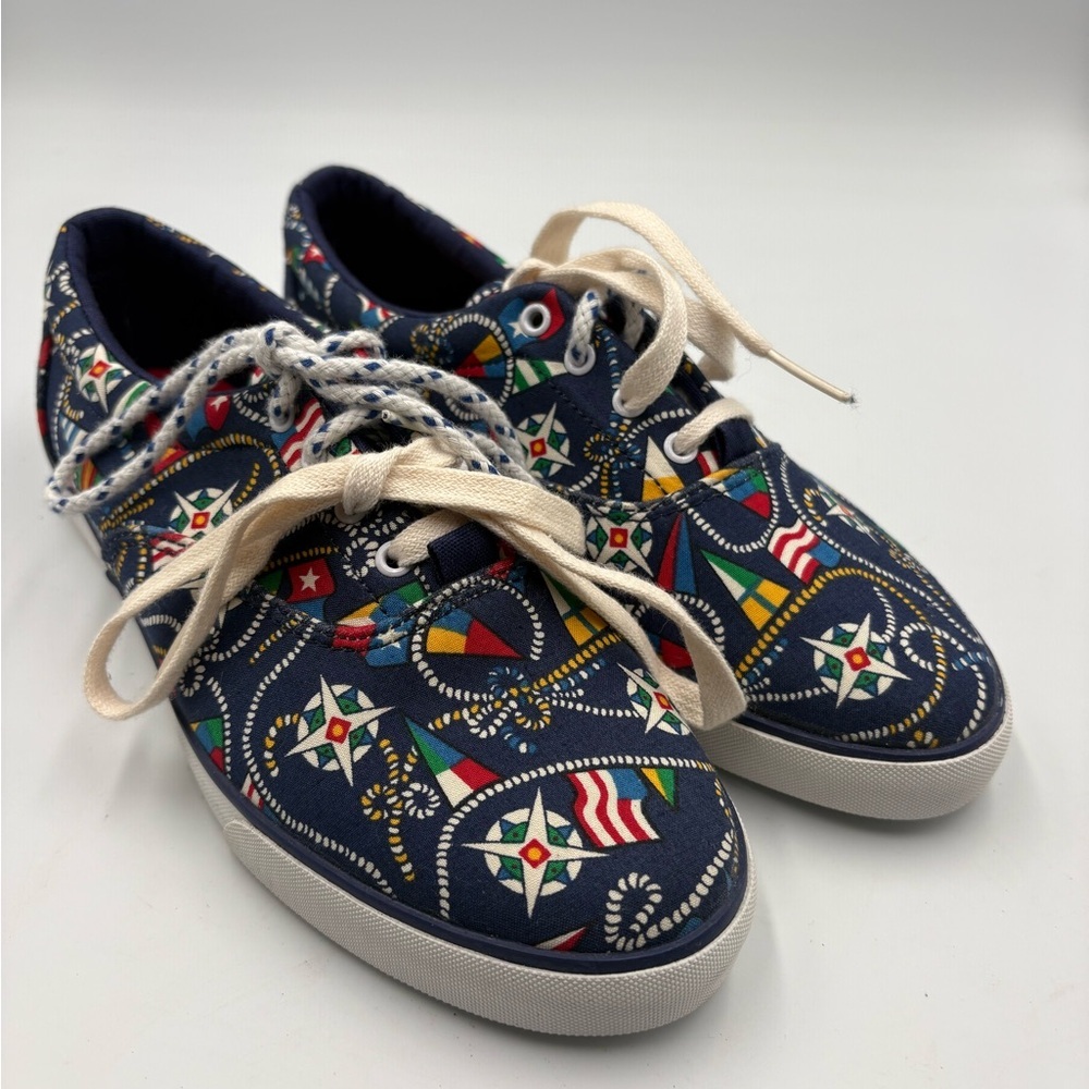 Vintage Liz Claiborne Nautical Canvas Sneakers Navy Blue Womens Size 7M - Picture 1 of 12